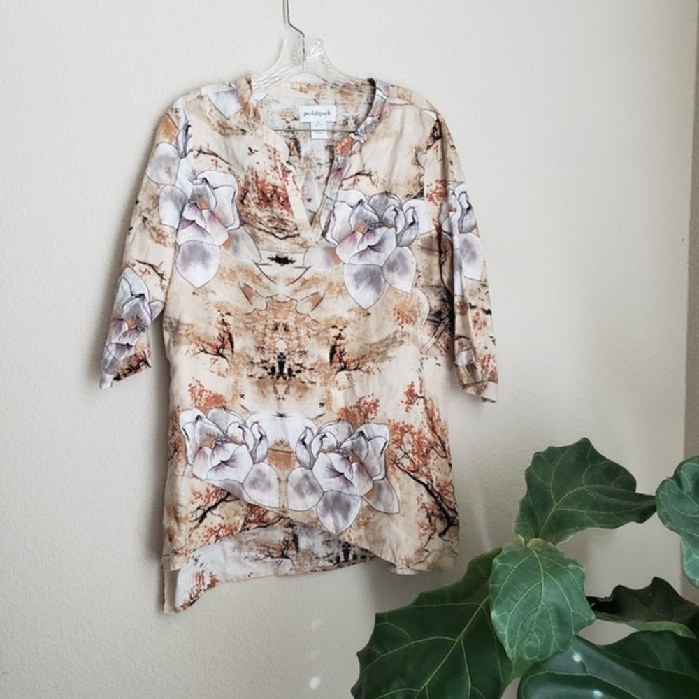 PECK & PECK 100% Linen Abstract Floral Top Small